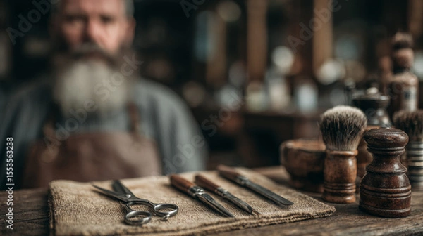 Fototapeta Scissors and shaving tools feature prominently in a vintage-style barbershop with a bearded man ready for a haircut and shave