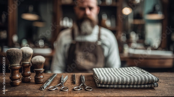 Fototapeta Scissors and shaving tools feature prominently in a vintage-style barbershop with a bearded man ready for a haircut and shave