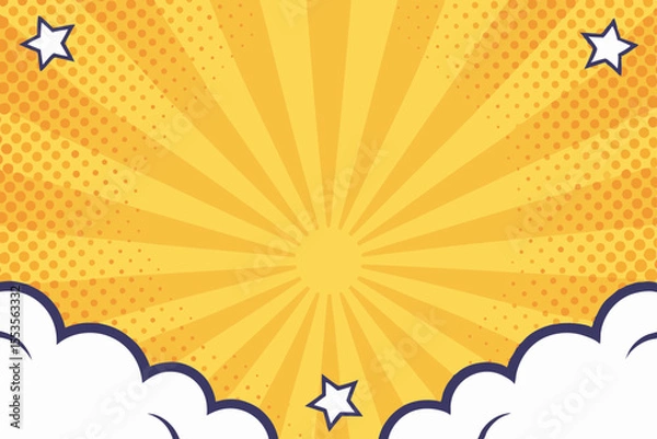 Fototapeta Yellow comic book background with burst effect, stars, and clouds vector illustration design art