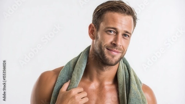Fototapeta Happy Man with Towel Smiling at the Camera in a Studio Setting