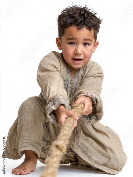 Fototapeta Young Child Playing Tug of War with Rope in Natural Light