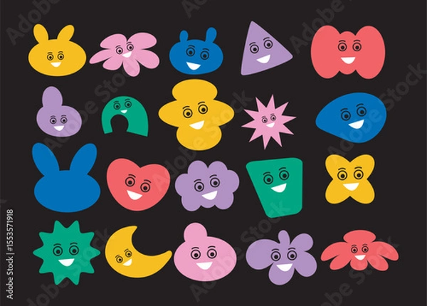 Fototapeta  A fun collection of brightly colored cartoon shapes with cheerful smiling faces on a black background. Great for kids’ designs, educational materials, or playful branding.