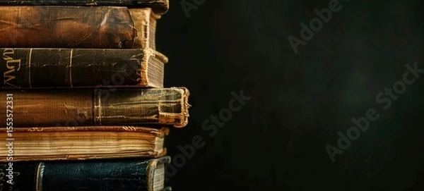 Obraz Towering stack of aged leather bound tomes on a wooden bookshelf in a dimly lit study depicting the rich history and knowledge stored within these timeless literary works