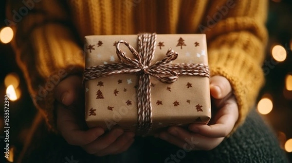 Obraz Close up of a person s hands holding a neatly wrapped present with a decorative bow and ribbon ready for a Christmas or holiday The gift is surrounded by twinkling lights creating a cozy