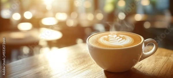Obraz Close up view of a beautifully crafted latte art design in a ceramic coffee cup placed on a wooden table in a cozy and inviting coffee shop setting with a warm