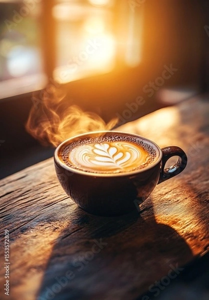 Obraz Steaming hot cup of freshly brewed cappuccino with creamy foam sitting on a wooden cafe table in a cozy warm ambiance  The image evokes a sense of relaxation