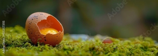 Obraz A cracked egg rests amidst a bed of verdant moss signifying the fragility and potential of new life  This natural still life captures the poetic symbolism of emergence growth