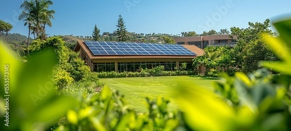 Obraz A sustainable and eco friendly greenhouse nestled within a lush vibrant tropical garden its rooftop adorned with gleaming solar panels that harness the power of the sun to generate renewable energy