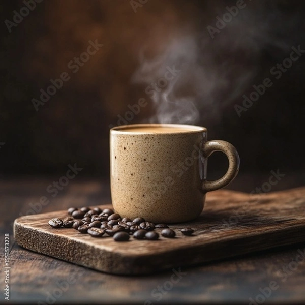 Obraz Cozy morning coffee break with freshly roasted coffee beans on a rustic wooden table  Steam rises from the hot beverage creating a warm and inviting atmosphere