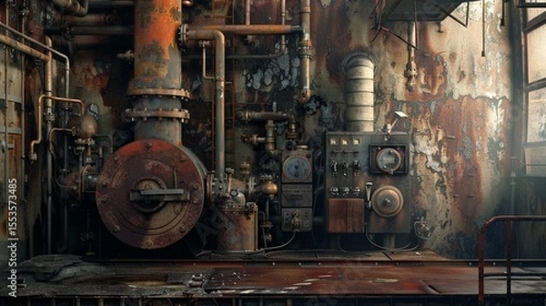 Obraz Intricate machinery rusty valves gauges and other vintage industrial equipment in the interior of an abandoned and decaying factory workshop with a grungy dystopian atmosphere