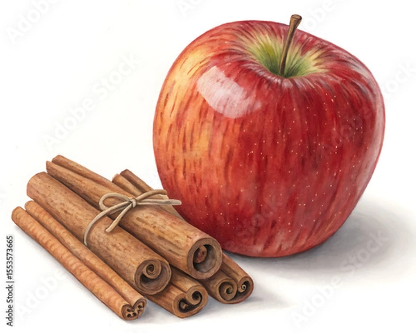 Fototapeta A still life featuring a bright red apple next to a bundle of cinnamon sticks tied with twine on white