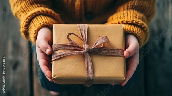 Obraz Festively wrapped gift being held in warm cozy hands   A thoughtful gesture of and anticipation for a special occasion such as Christmas birthday or anniversary  The rustic