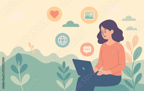Obraz Flat Design Character Illustration of a Social Media Worker Using a Laptop Outdoors with Nature Background, Surrounded by Digital Icons in Soft Pastel Colors, Perfect for Web and Social Media Content