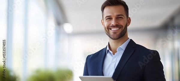 Obraz Successful Businessman Smiling Confidently with Laptop in Office  Portrait of a Smiling Corporate Executive Wearing Suit and Holding Digital Tablet in Modern Business Environment