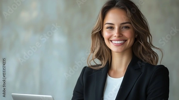 Obraz Confident and Cheerful Young Professional Woman with Warm Smile Posing in Outdoor Studio Setting with Gray Background