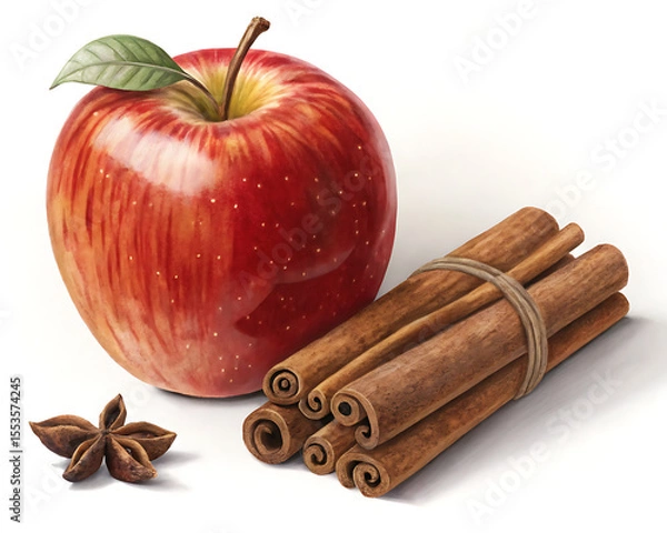 Fototapeta A shiny red apple with a leaf next to a bundle of cinnamon sticks and a star anise on white