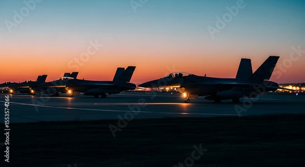 Obraz Military jets silhouettes on runway at dawn