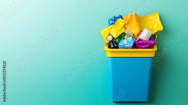 Obraz Assortment of bright yellow and blue cleaning supplies including sponges scrub brushes mops and detergent ready for household chores and keeping a tidy organized home