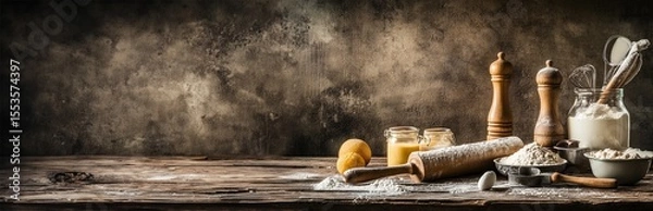Obraz Rustic kitchen background featuring an assortment of baking ingredients and utensils on a wooden table  Includes a rolling pin spices herbs flour butter eggs
