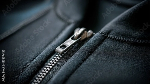 Fototapeta Close up of a sleek black wetsuit zipper, highlighting craftsmanship and durability for surfers.