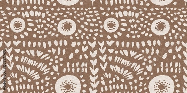 Fototapeta Calm scribble shape minimal shape seamless border pattern. Gender neutral baby floral natural brown linen banner background. Scandi style sketch doodle wash tape edging trim. 