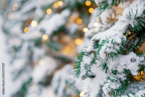 Obraz Snow-covered branches of a Christmas tree glow with festive lights outdoors
