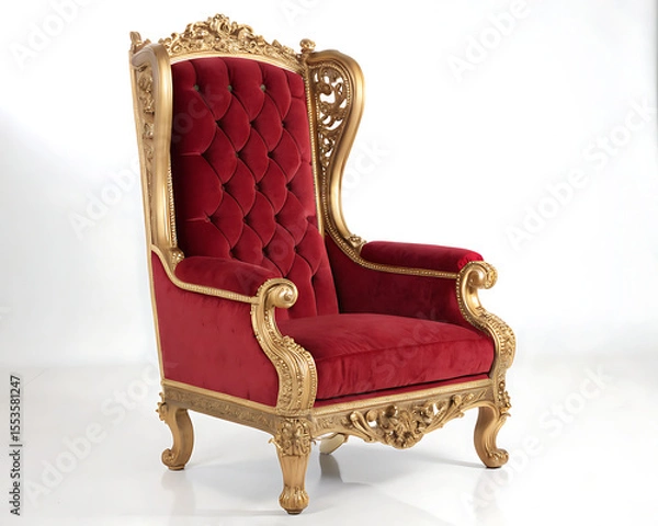 Fototapeta A luxurious red velvet armchair with ornate gold trim sitting on a white surface in a studio setting