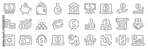 Fototapeta Money Thin Line Icon Set. Finance icon set. Money signs. Vector business and finance editable stroke line icon. Bank, check, law, auction, coins, exchance, payment, wallet, deposit, piggy. Vector