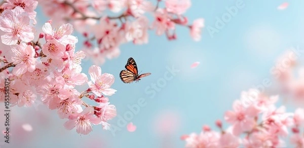 Obraz Delicate cherry blossoms and a butterfly