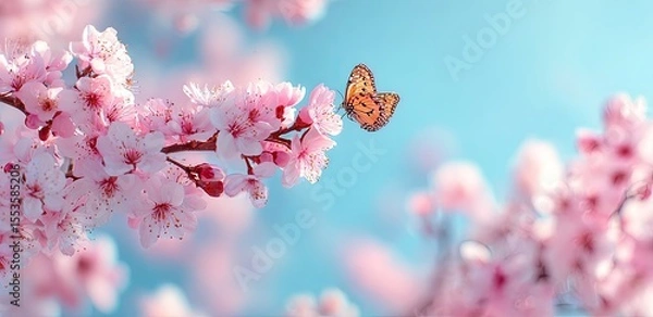 Fototapeta Delicate Pink Cherry Blossoms with Butterfly