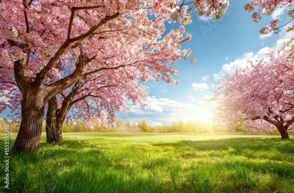 Fototapeta Lush spring blossoms in a sunlit field