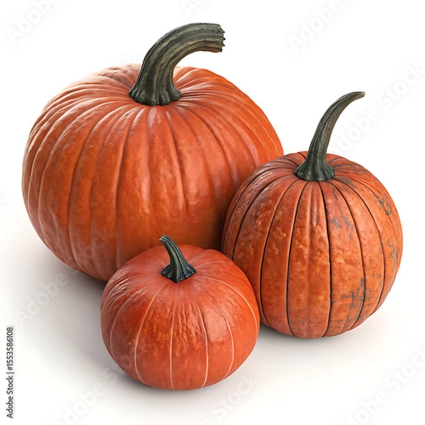 Fototapeta A still life of three pumpkins of varying sizes arranged on a white surface in a studio setting