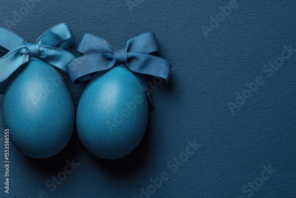 Fototapeta Two teal Easter eggs with blue ribbon bows on dark blue background