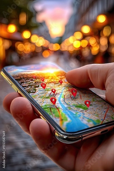 Fototapeta Close-up of hand holding smartphone with glowing map with location markers on blurred background