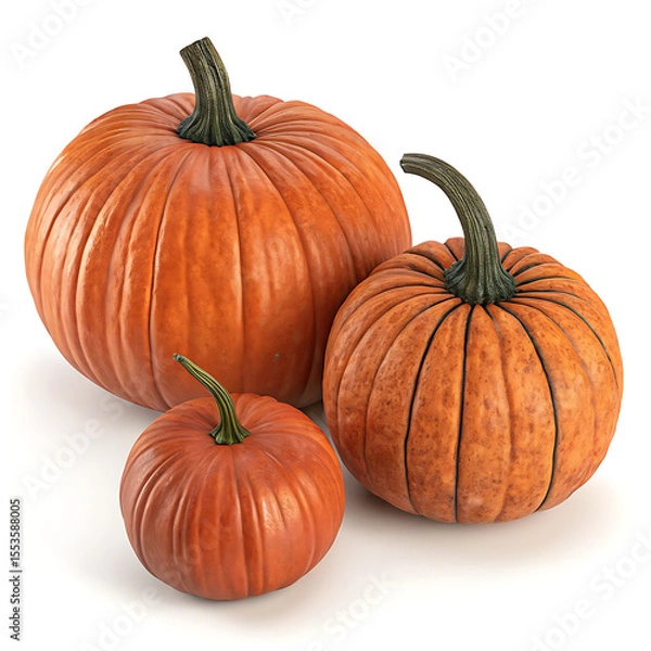 Fototapeta A group of three orange pumpkins of varying sizes sitting on a white surface with visible stems