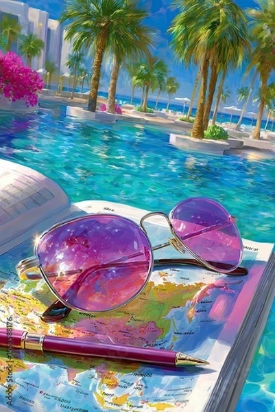 Fototapeta Composite trend sketch collage summer vacation travel trips small map geopoints tag