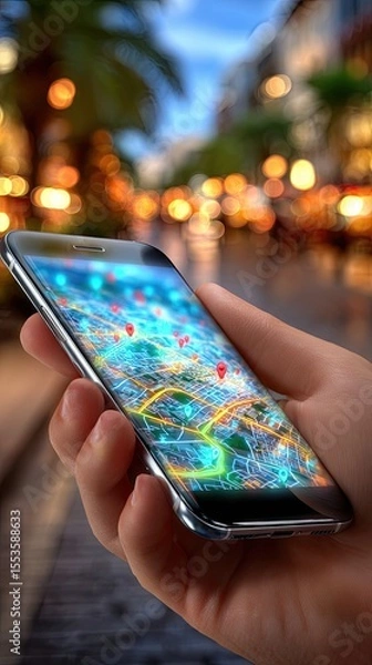 Fototapeta hand holding smartphone with map with location marks on blurred background. hologram