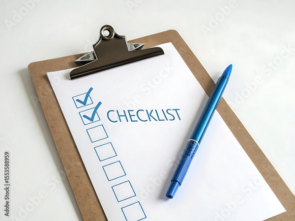 Fototapeta A clipboard with a checklist and checkmarks and a blue pen on a white surface in a close up view