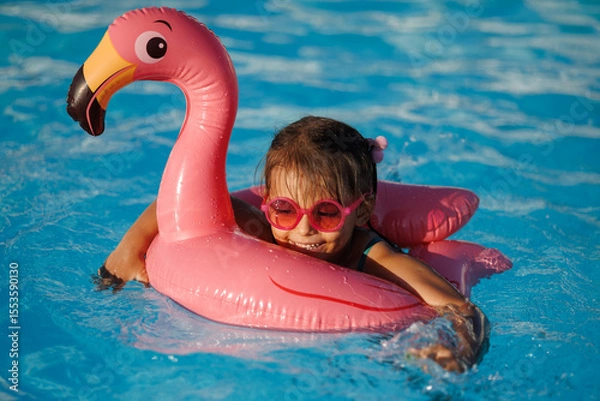 Fototapeta Cute funny toddler girl in a sunglasses relaxing on inflatable toy ring floating in pool have fun during summer vacation. Child having fun in swimming pool. 