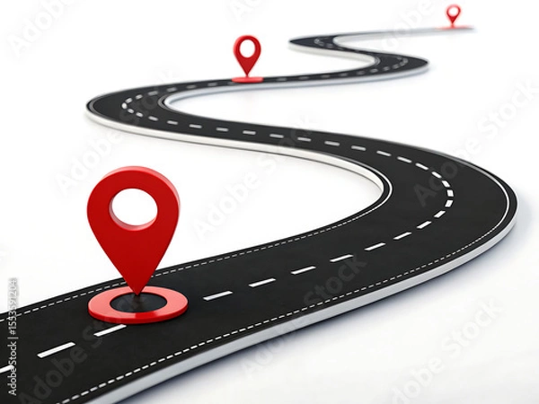 Fototapeta A winding road with red location pins indicating destinations on a white background illustration