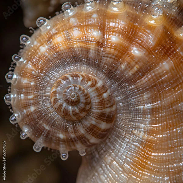 Fototapeta Close-up macro shot of a seashell with water droplets, showcasing intricate spiral patterns and textures.  A detailed image perfect for nature, science, or artistic projects.