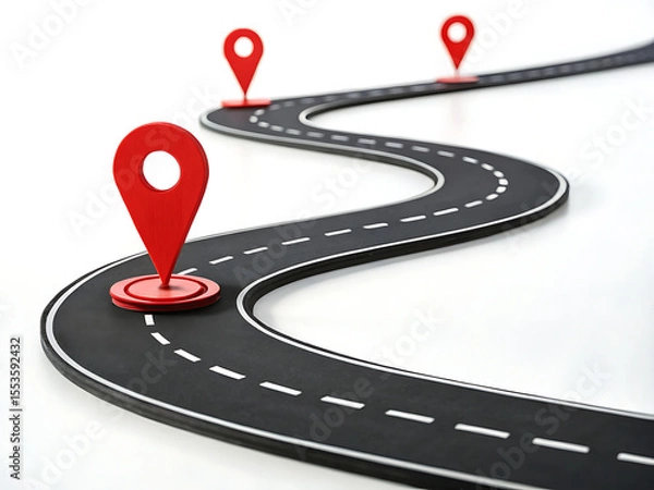 Fototapeta Winding road with red location markers indicating destinations on a white background surface