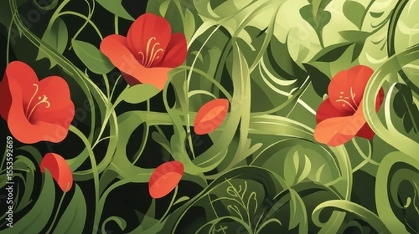 Obraz Ornate floral design with stylized leaves and vines.