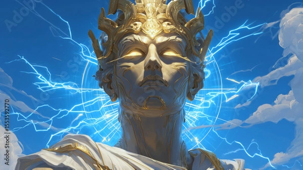 Fototapeta Majestic futuristic statue with glowing electric crown radiates raw power and mystery, anime style. Surrounded by bursts of lightning futuristic statue appears like divine being from another dimension