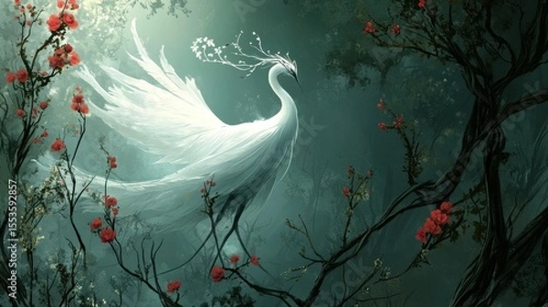 Obraz Majestic white bird amidst a mystical forest.