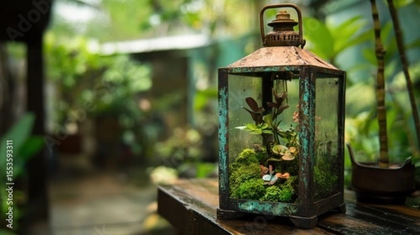 Obraz Rusty lantern terrarium with miniature plants and moss.