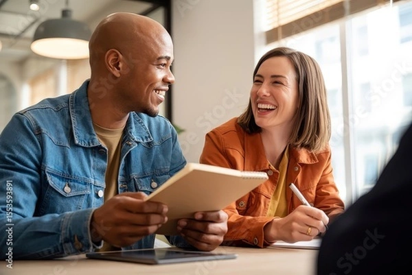 Obraz Two smiling colleagues discuss a project during a meeting in a modern office