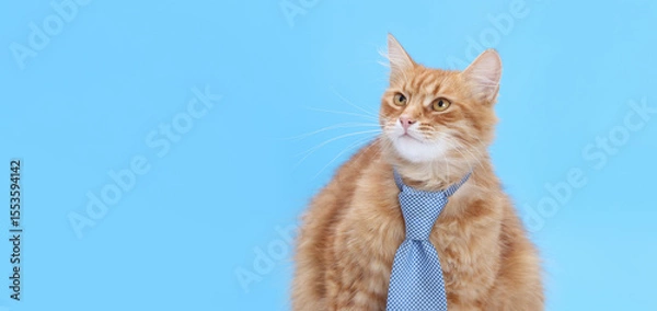 Fototapeta Funny cat wearing tie on solid blue. Ideal for themes like education, remote work, business career, or student life. Cat looking up with curious expression.