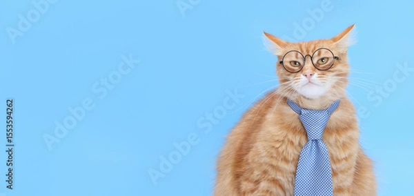 Fototapeta Clever cat in glasses and tie on blue background. Concept of education, knowledge, first day of school or smart business mindset.