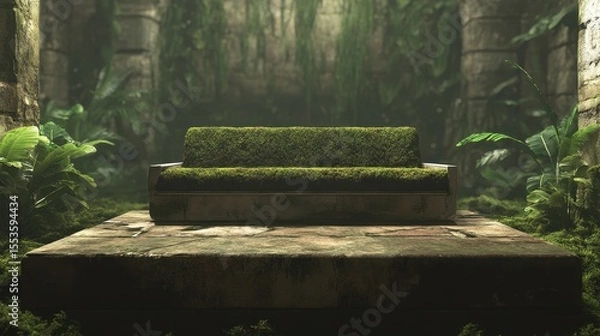 Obraz Moss-covered sofa in a jungle-like setting.